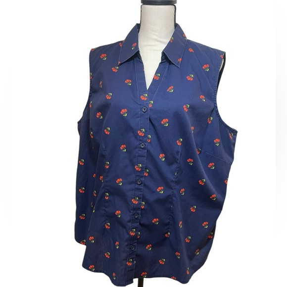 Vintage Y2K cherry print sleeveless button down navy blue red  Americana 1X - Picture 1 of 8